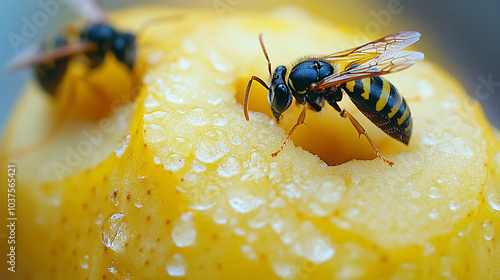 
Macro photo, part of a pear with wasps photo