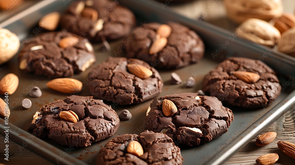 Sweet chocolaty biscuits with almonds on the tray Sweet chocolaty biscuits with almonds on the tray