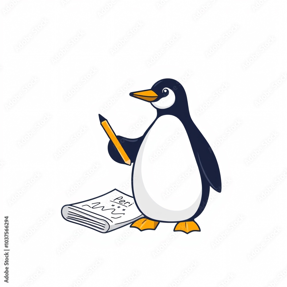 Fototapeta premium A penguin writing notes with a pencil while standing next to a paper stack in a simple cartoon style