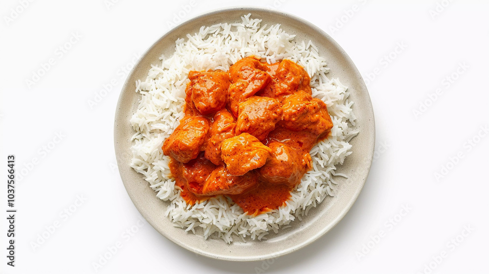 Top view of murgh makhani with rice in plate isolated on white background Top view of murgh makhani with rice in plate isolated on white background