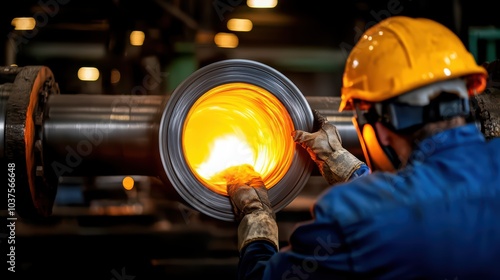 Worker shaping metal with glowing heat in factory, industrial process, skilled craftsmanship, safety equipment.