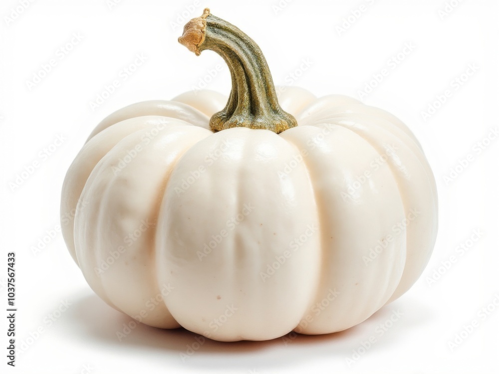 White pumpkin with natural stem on a clean white background, minimalist autumn harvest concept White pumpkin with natural stem on a clean white background, minimalist autumn harvest concept