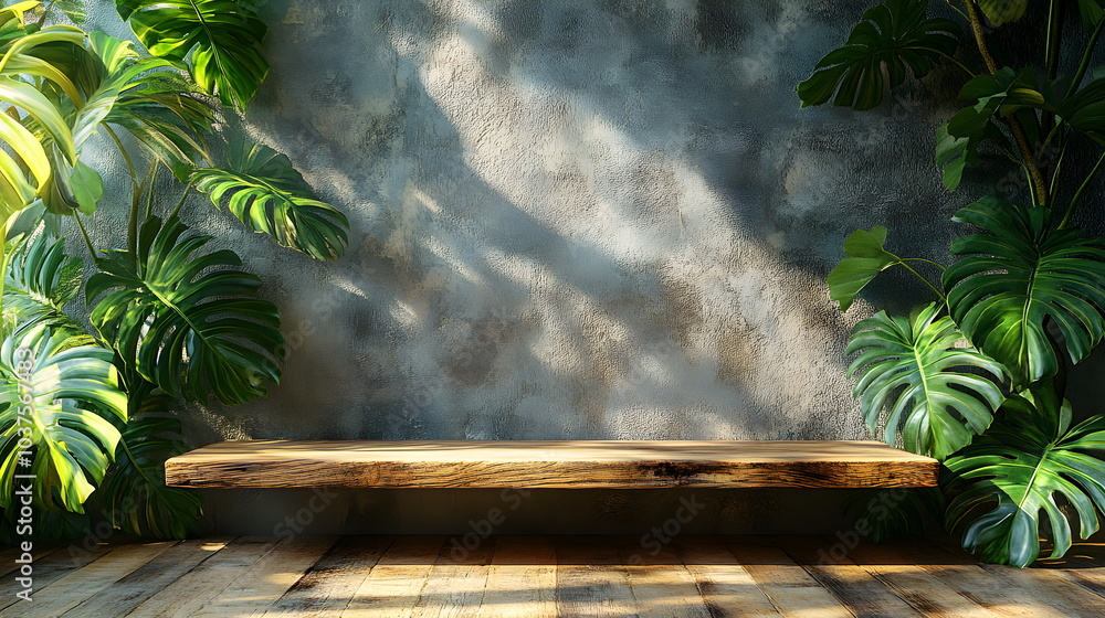 Empty wooden table on dark gray wall texture background. A composition with a monstera leaves a shadow on the wall and glare of light. Mockup for presentation, product branding Empty wooden table on dark gray wall texture background. A composition with a monstera leaves a shadow on the wall and glare of light. Mockup for presentation, product branding