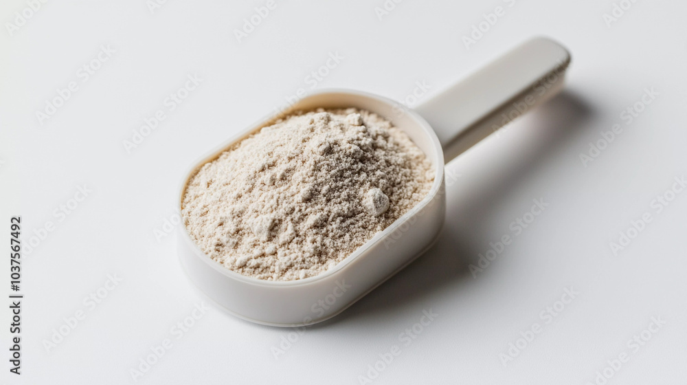 Scoop of protein powder on white background Scoop of protein powder on white background