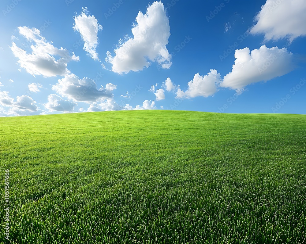 Obraz premium A vast green grassland under the blue sky, with clouds scattered in the distance and no trees on it. The background is clean and bright, presenting an endless expanse of emerald-green fields