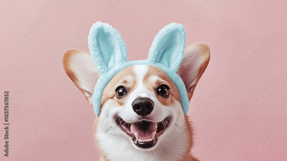 Cute Happy Corgi Easter Dog with Bunny Rabbit Ears Headband on Clean Background, Beauty Care Rituals, Easter Pet Cute Happy Corgi Easter Dog with Bunny Rabbit Ears Headband on Clean Background, Beauty Care Rituals, Easter Pet