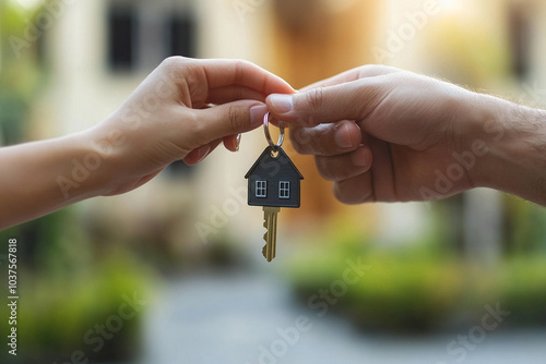 
hand passing keys to a new house to another hand with a house keychain, real estate concept photo