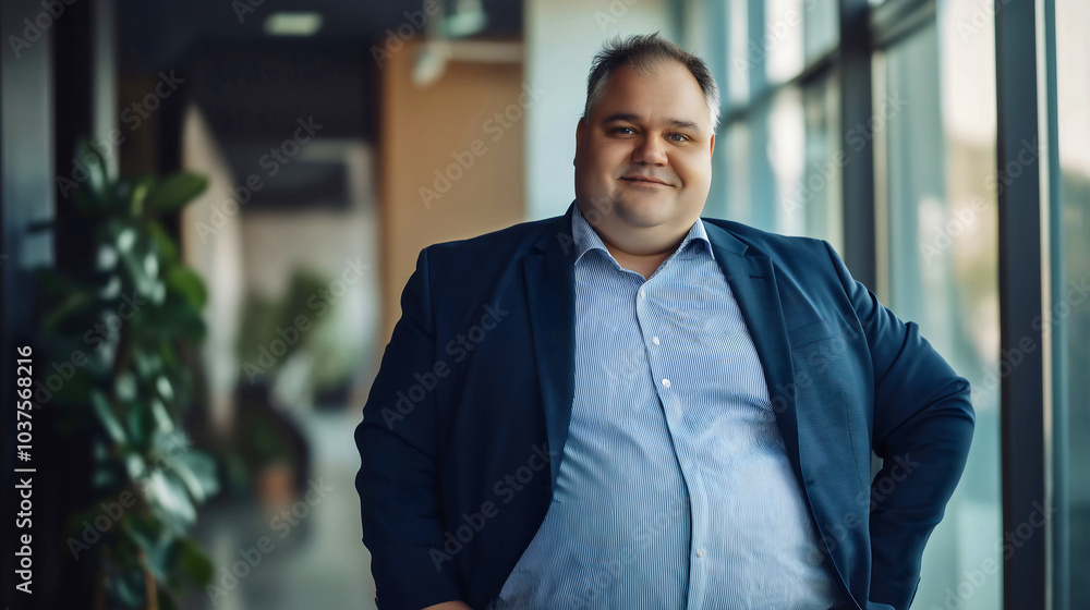 Naklejka premium Overweight businessman in office, fat manager lifestyle, boss with oversize frame, obese yet big man in business, professional person at work, happy male employee