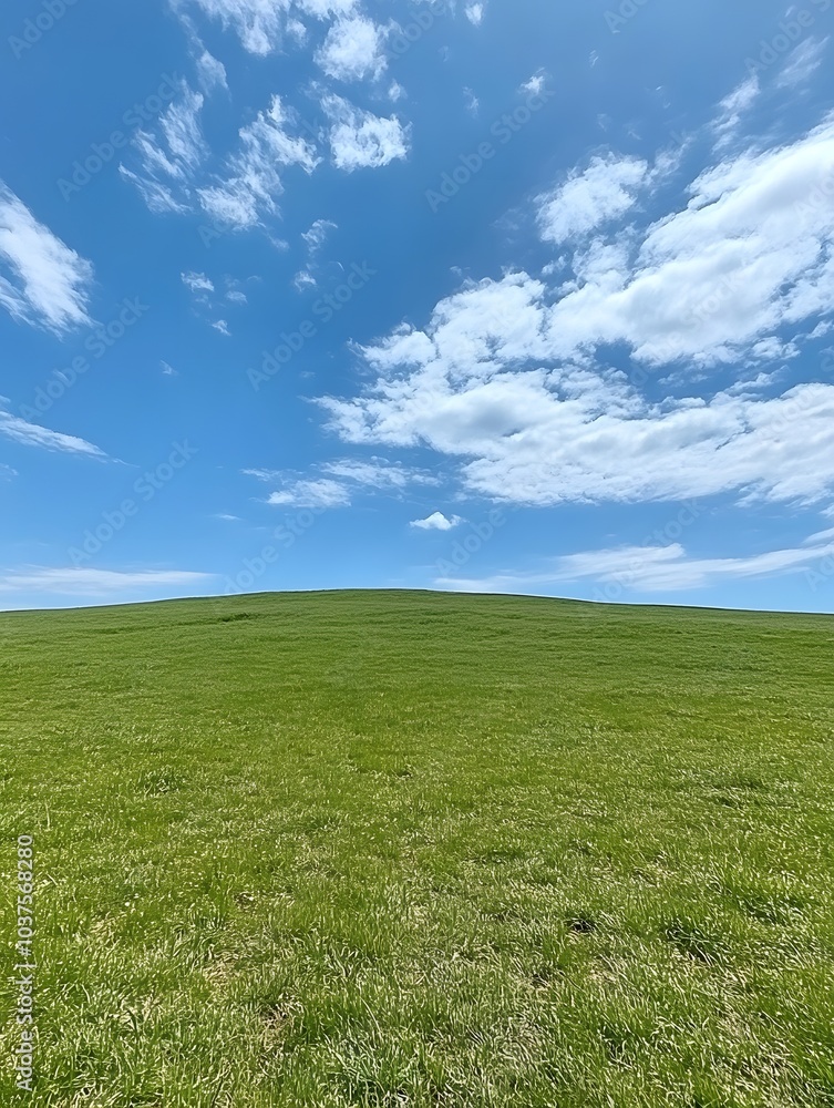 A vast green grassland under the blue sky, with clouds scattered in the distance and no trees on it. The background is clean and bright, presenting an endless expanse of emerald-green fields A vast green grassland under the blue sky, with clouds scattered in the distance and no trees on it. The background is clean and bright, presenting an endless expanse of emerald-green fields