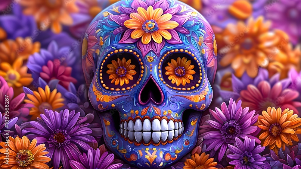 Sugar Skull Surrounded by Flowers. Sugar Skull Surrounded by Flowers.