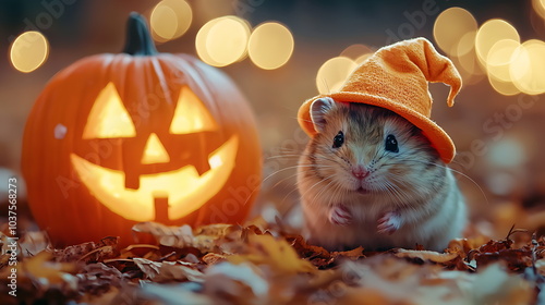 Adorable hamster wearing pumpkin hat next to halloween pumpkin surrounded by autumn leaves and warm glow