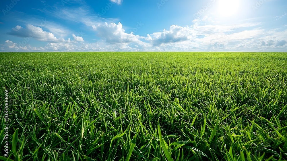 A vast green grassland under the blue sky, with clouds scattered in the distance and no trees on it. The background is clean and bright, presenting an endless expanse of emerald-green fields A vast green grassland under the blue sky, with clouds scattered in the distance and no trees on it. The background is clean and bright, presenting an endless expanse of emerald-green fields