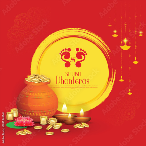 Happy Dhanteras - poster template design with gold coin in pot and decorative diya lamp.