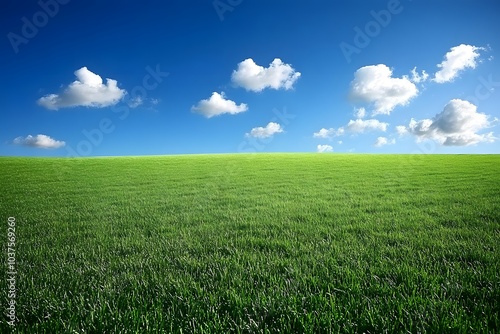 A vast green grassland under the blue sky, with clouds scattered in the distance and no trees on it. The background is clean and bright, presenting an endless expanse of emerald-green fields