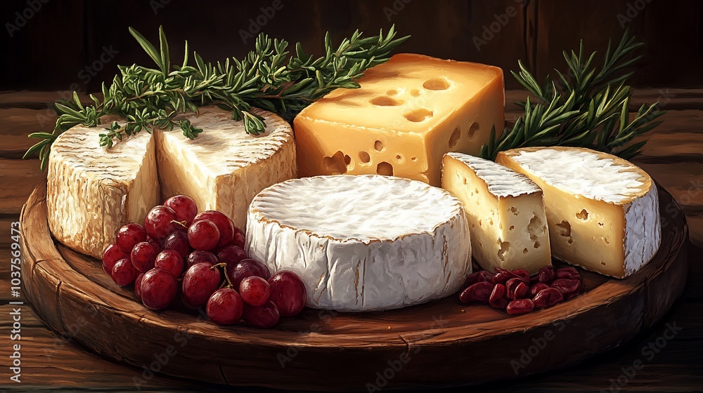 A wooden platter featuring various cheeses, grapes, and herbs, ideal for a cheese board presentation. A wooden platter featuring various cheeses, grapes, and herbs, ideal for a cheese board presentation.