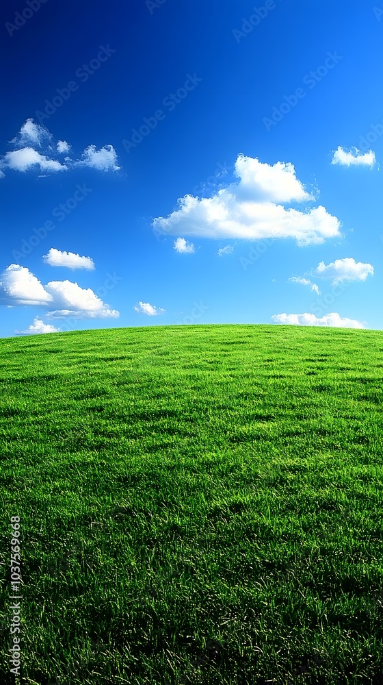 Naklejka premium A vast green grassland under the blue sky, with clouds scattered in the distance and no trees on it. The background is clean and bright, presenting an endless expanse of emerald-green fields