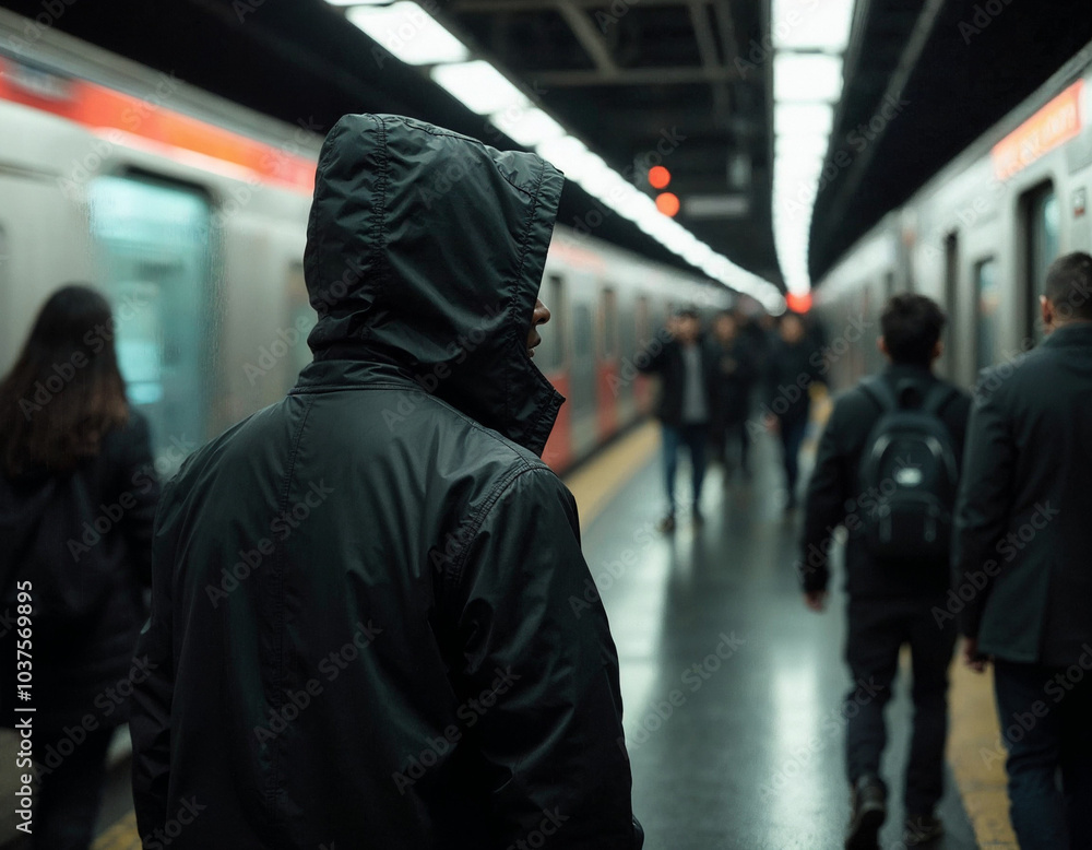 Calm Amidst the Rush: Man in Hooded Jacket at Subway Platform with Blurred Commuters Calm Amidst the Rush: Man in Hooded Jacket at Subway Platform with Blurred Commuters