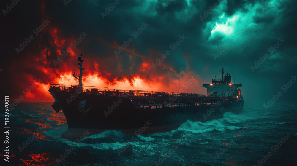 Fototapeta premium A red and black ship in the ocean, with stormy weather and large waves