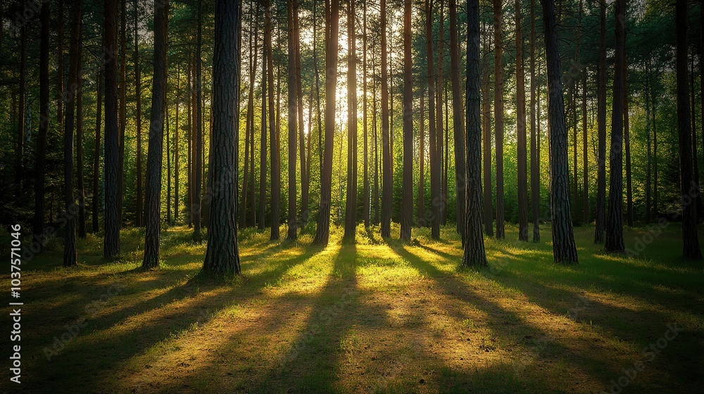 Sunbeams Through the Pines: A picturesque forest scene, bathed in the warm glow of the setting sun. Sunbeams Through the Pines: A picturesque forest scene, bathed in the warm glow of the setting sun.