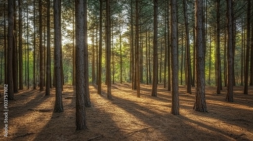 Sunbeams Through the Pines: Golden rays pierce through the dense canopy of a pine forest, illuminating the woodland floor with a warm, ethereal glow.