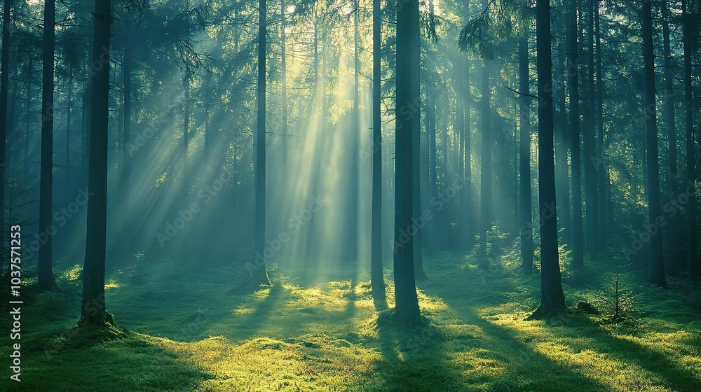 Fototapeta premium Sunbeams Through the Pines: A mystical and tranquil forest scene with sunlight streaming through towering pine trees, casting ethereal beams of light on the mossy forest floor. 