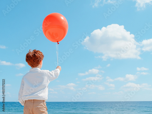 
A child is holding a balloon on a string. Air balloon on the background of the sky.