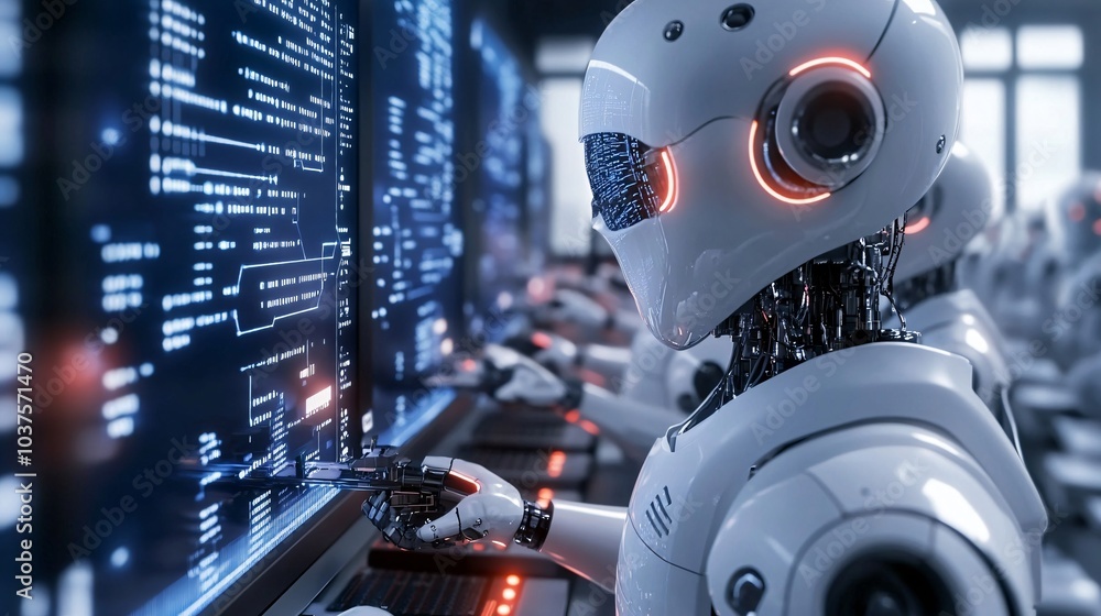 Fototapeta premium White humanoid robot with glowing red eyes looking at a computer screen filled with code.