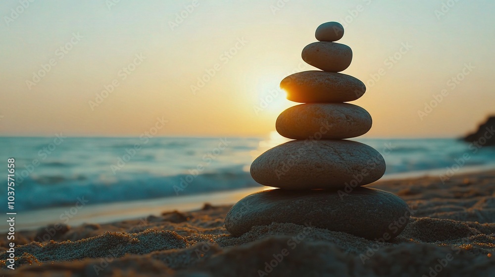 Zen at Sunset: A perfectly balanced rock cairn stands tall against the backdrop of a vibrant sunset, signifying serenity and harmony on a tranquil beach. Zen at Sunset: A perfectly balanced rock cairn stands tall against the backdrop of a vibrant sunset, signifying serenity and harmony on a tranquil beach.
