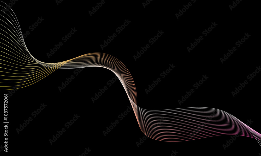 Vector curvy abstract line art wavy flowing dynamic pink black background in concept music or sound, wave, wind, information flow, white