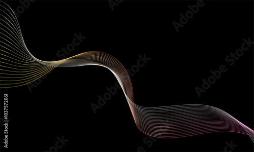 Vector curvy abstract line art wavy flowing dynamic pink black background in concept music or sound, wave, wind, information flow, white