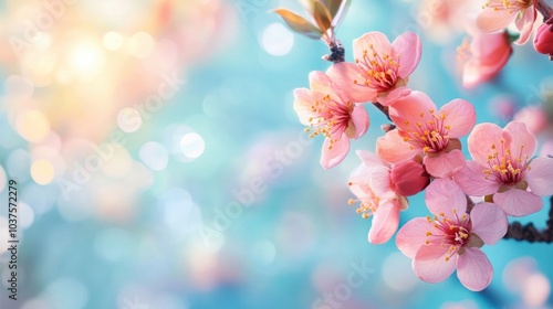 Lovely abstract floral springtime background of the natural world. Macro of flowering apricot branches softly focused against a background of a softly blue sky. For spring and easter greeting cards.