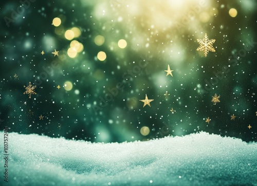 green background with white snowflakes falling, dreamy atmosphere. The stars shimmer in the night sky. shiny stars and a bokeh effect. concept of Christmas and the New Year. Christmas card