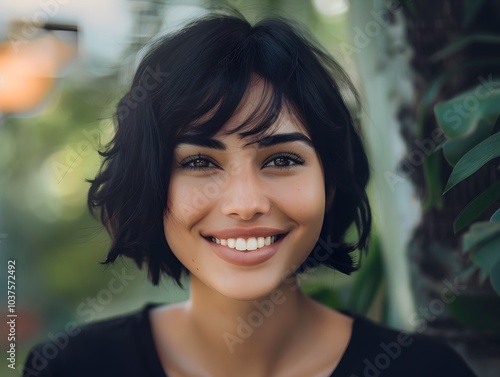 Female with short black hair smiling at camera.Natural