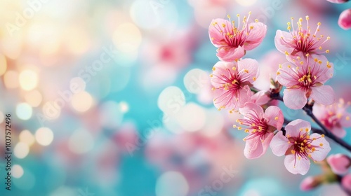 Lovely abstract floral springtime background of the natural world. Macro of flowering apricot branches softly focused against a background of a softly blue sky. For spring and easter greeting cards.