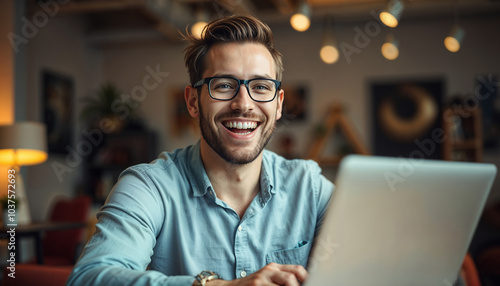 A cheerful man sits at his desk, enjoying a productive day in a modern office setting. The environment is lively and bright, highlighting the positive work atmosphere.

 photo