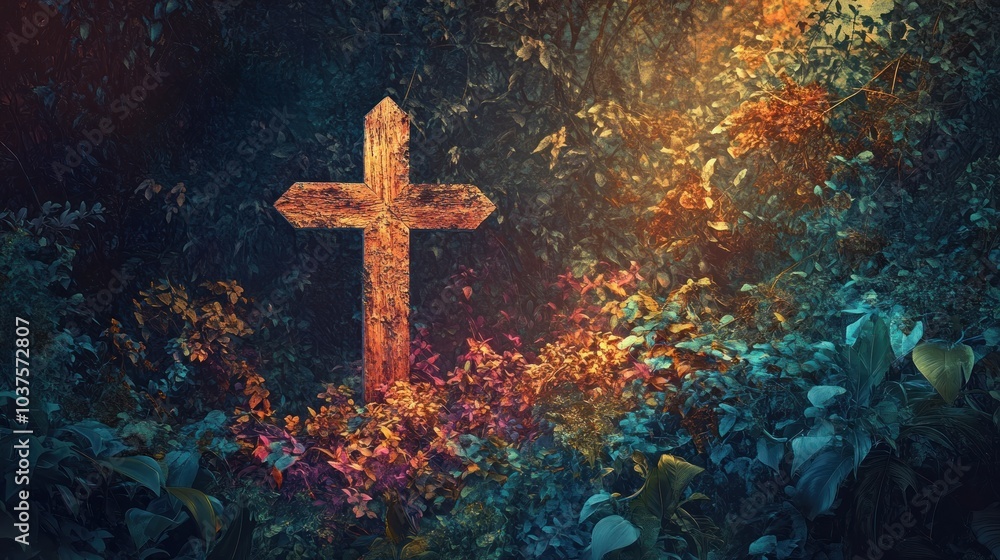 Wooden Cross in a Mystical Forest Wooden Cross in a Mystical Forest