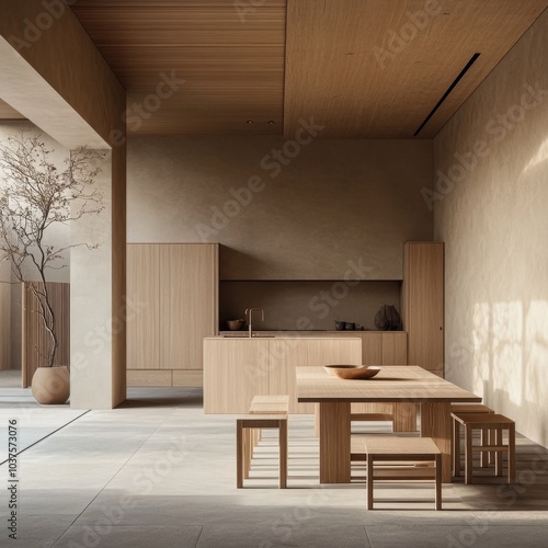 A kitchen with a wooden table and chairs