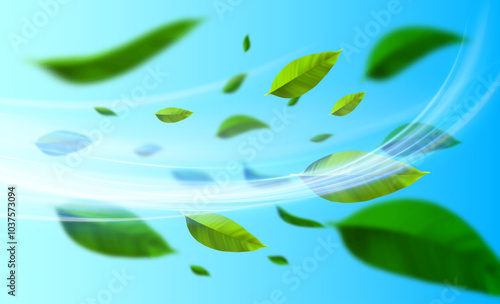 Flying green leaves in the fresh wind. Cool air fresh leaf swirl. Air conditioner. Fresh scent and air filtration effect.