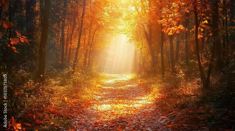 Autumnal Path: A sunbeam pierces the misty forest, illuminating a path through a canopy of vibrant autumn leaves. Autumnal Path: A sunbeam pierces the misty forest, illuminating a path through a canopy of vibrant autumn leaves.