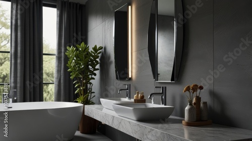 a modern bathroom with a grey color palette. The walls and floor are clad in sleek gray tiles, creating a sophisticated and minimalist aesthetic.