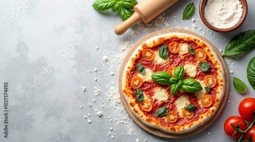 Homemade Pizza Ingredients with Rolling Pin, Flour, and Basil on Grey Kitchen Table