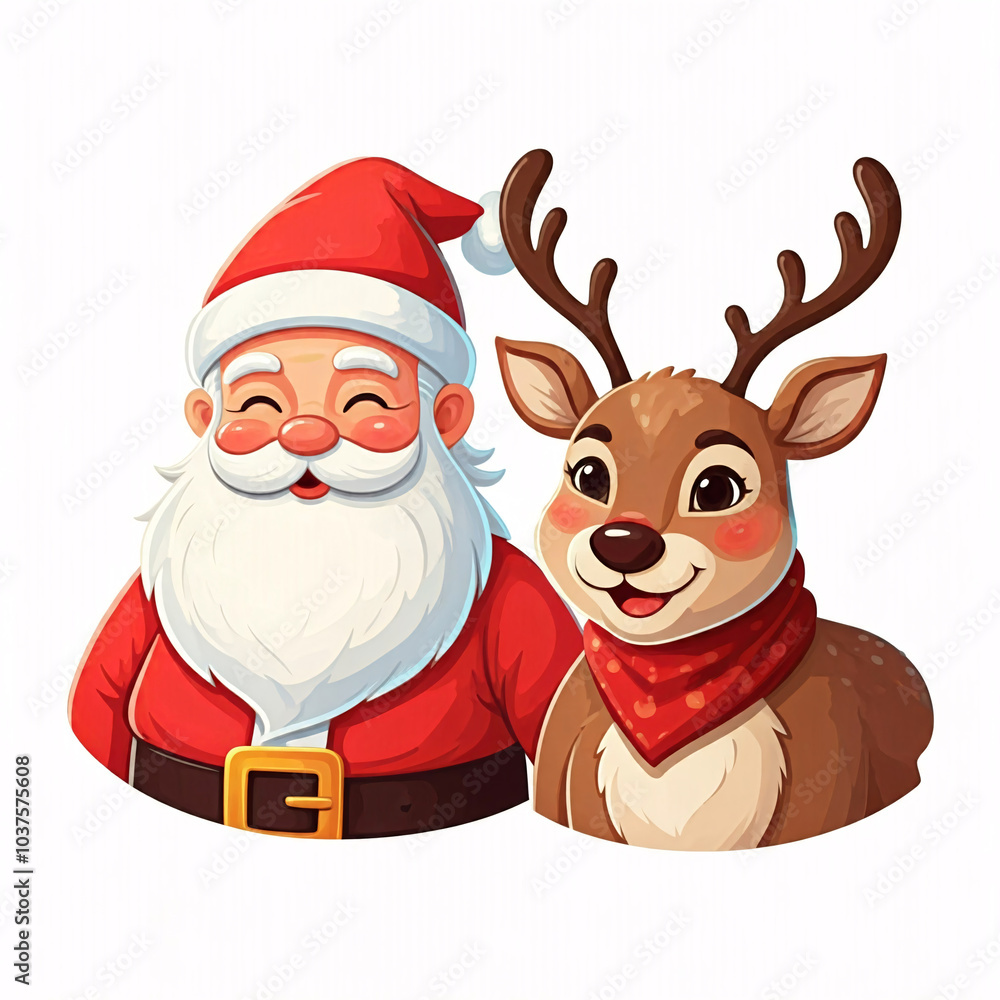 smiling santa claus and reindeer cartoon illustration on white background smiling santa claus and reindeer cartoon illustration on white background