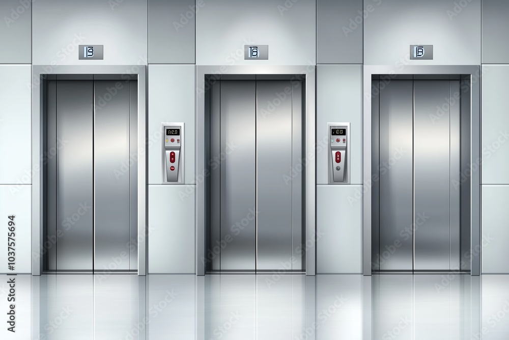 gray Modern passenger or cargo elevators, lifts with closed, opened and half closed, metallic cabins doors, floor indicators digits and glossy flooring 3d realistic vector illustration gray Modern passenger or cargo elevators, lifts with closed, opened and half closed, metallic cabins doors, floor indicators digits and glossy flooring 3d realistic vector illustration