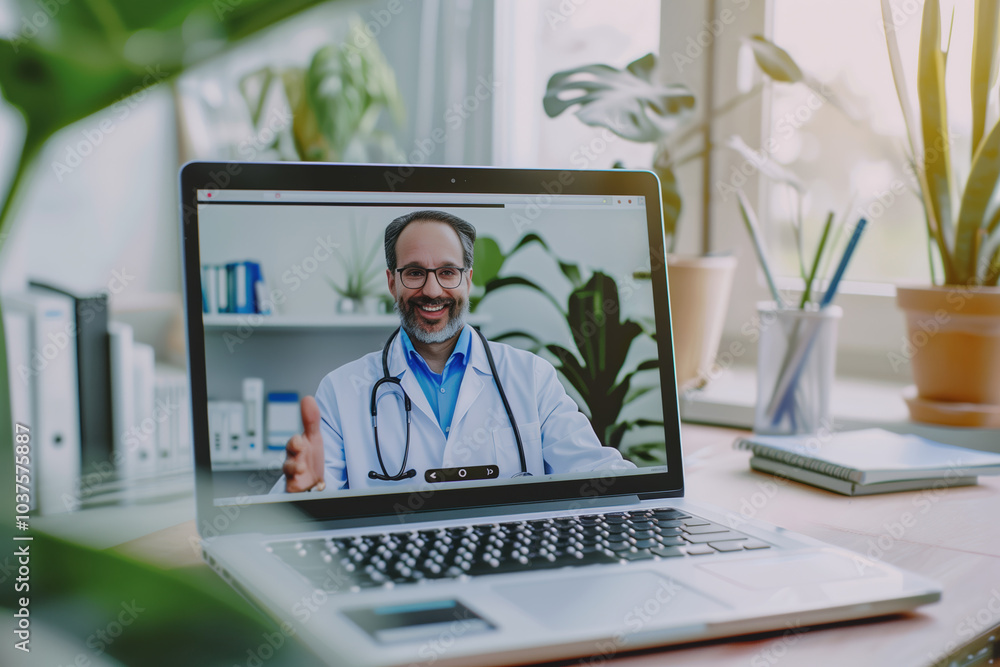 Online medical consultation with a smiling doctor on a laptop screen, offering remote healthcare services in a comfortable home office setting Online medical consultation with a smiling doctor on a laptop screen, offering remote healthcare services in a comfortable home office setting