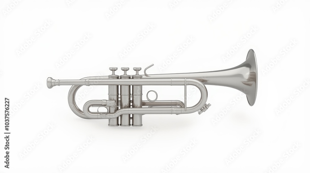 Close-up of a shiny silver trumpet displayed on a clean white surface, showcasing its intricate details and craftsmanship Close-up of a shiny silver trumpet displayed on a clean white surface, showcasing its intricate details and craftsmanship