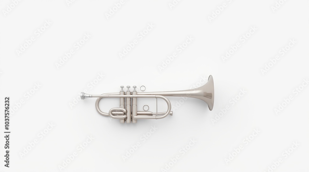 Obraz premium Close-up of a shiny silver trumpet displayed on a clean white surface, showcasing its intricate details and craftsmanship