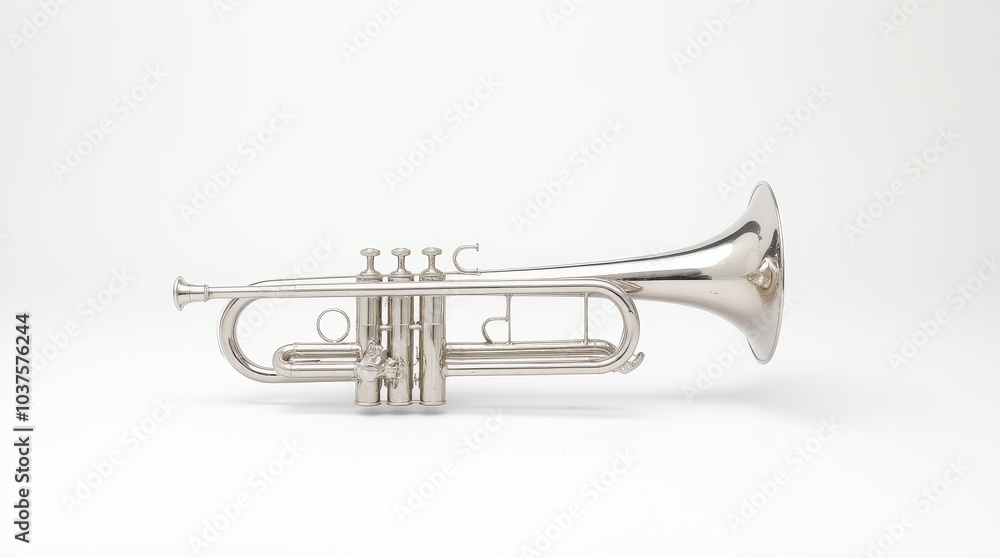 Close-up of a shiny silver trumpet displayed on a clean white surface, showcasing its intricate details and craftsmanship Close-up of a shiny silver trumpet displayed on a clean white surface, showcasing its intricate details and craftsmanship