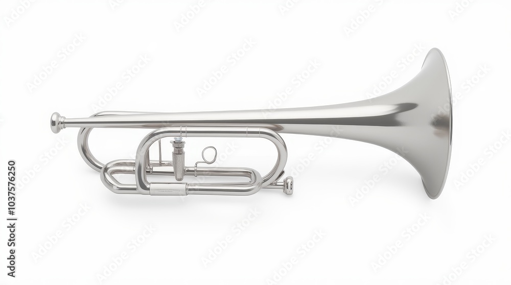 Close-up of a shiny silver trumpet displayed on a clean white surface, showcasing its intricate details and craftsmanship Close-up of a shiny silver trumpet displayed on a clean white surface, showcasing its intricate details and craftsmanship