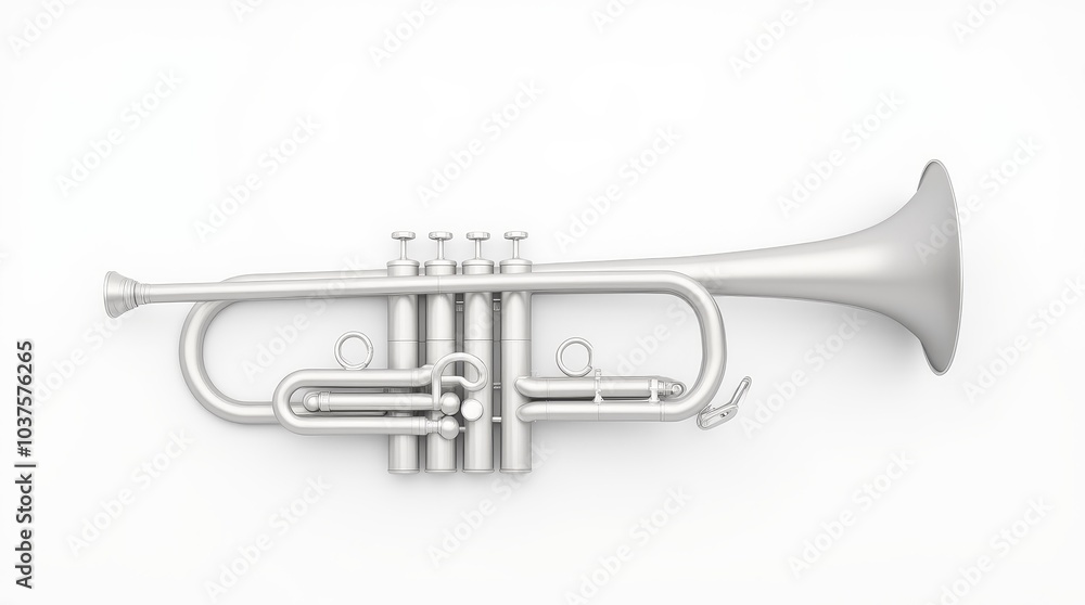 Close-up of a shiny silver trumpet displayed on a clean white surface, showcasing its intricate details and craftsmanship Close-up of a shiny silver trumpet displayed on a clean white surface, showcasing its intricate details and craftsmanship