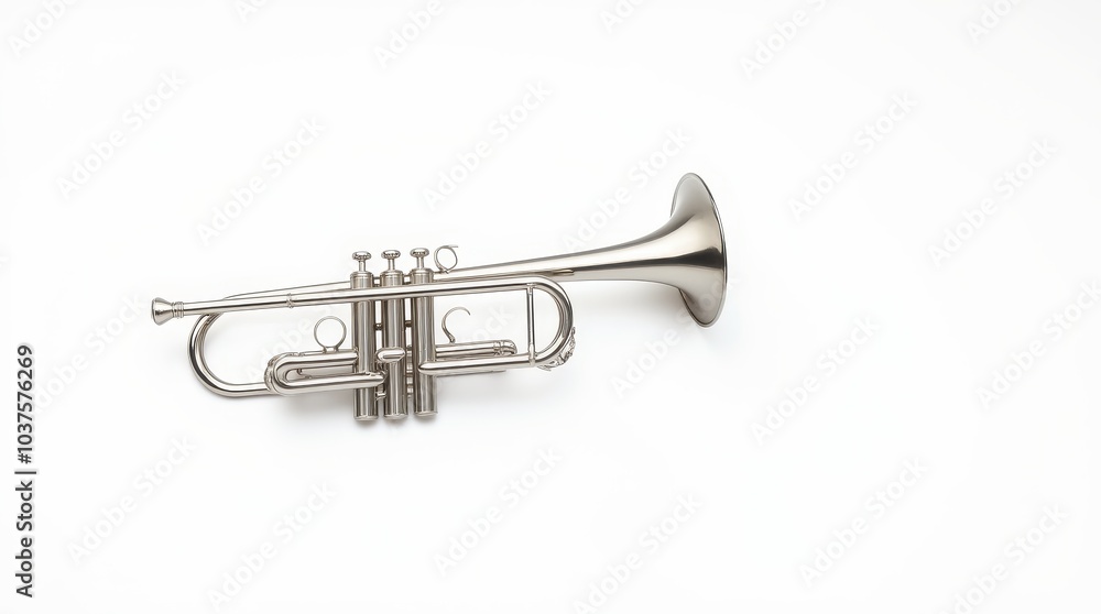 Close-up of a shiny silver trumpet displayed on a clean white surface, showcasing its intricate details and craftsmanship Close-up of a shiny silver trumpet displayed on a clean white surface, showcasing its intricate details and craftsmanship